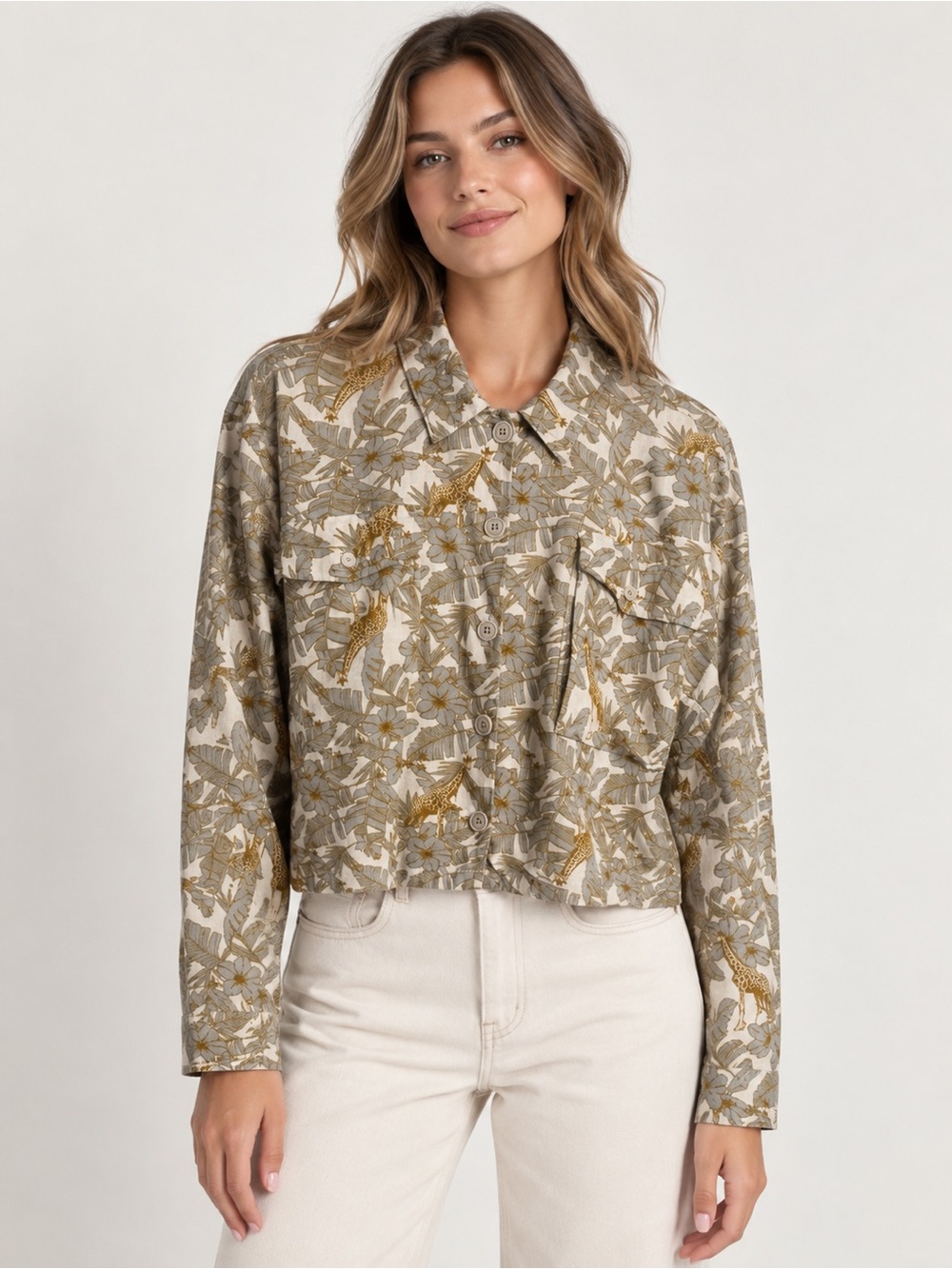 Du Jour Linen Rayon Safari Giraffe Print Cropped Shacket Jungle Animal Jacket XL